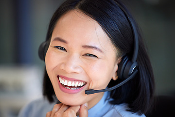 Image showing Vietnamese woman, face or call center worker on customer support, b2b consulting or telemarketing office headset. Happy smile portrait, receptionist or contact us crm business in sales communication