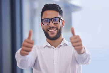 Image showing Businessman, vision glasses and thumbs up in success, motivation or vote for marketing company and advertising agency. Portrait, smile and happy worker with thank you hand gesture in creative office