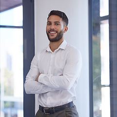 Image showing Confident businessman, portrait smile and arms crossed with vision, ambition or mission for success at the office. Happy man smiling in management for business objects, tasks or company goals at work