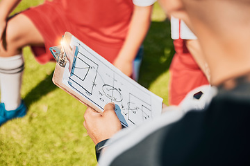 Image showing Football coach, soccer strategy and game tactics for winning football match, competitive sports workout and outdoor training. Team talk, leadership speech and teamwork plan for kids outdoor sport fun