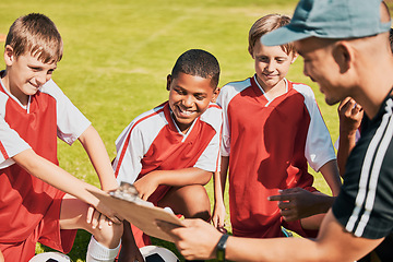 Image showing Soccer, children and coach with clipboard talking game plan, team training and formation on soccer field outdoor for fitness, competition and sport. Man talking to junior football group planning game