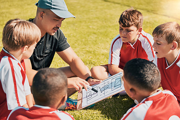 Image showing Tactics, children and soccer with a coach and team talking strategy before a game on an outdoor field. Football, kids and exercise with a man training a boy sports group outside on a green pitch