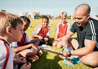 Image showing Soccer, football coach with team talk and strategy with tactics winning game sitting on grass training field. Boy children athletes, teamwork and motivation to win youth kids sport competition match