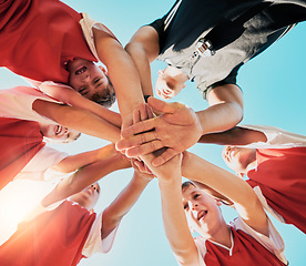 Image showing Hands, collaboration and children with a team in sports together standing in a huddle or circle from below. Soccer, fitness and collaboration with kids motivation before a game or match outdoor