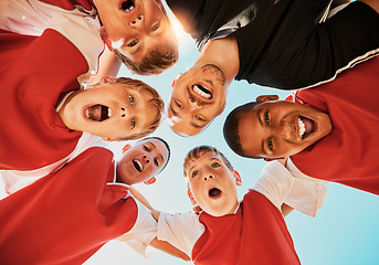 Image showing Soccer, team and coach in huddle, celebration and happy with smile, winner and boy group from bottom. Football kids, excited or children teamwork for fitness, training or workout after game or match