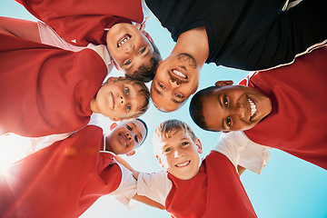 Image showing Football, sports and group children in circle for game strategy, teamwork and collaboration planning together with coach. Coaching, training and soccer player kids for support, communication and talk