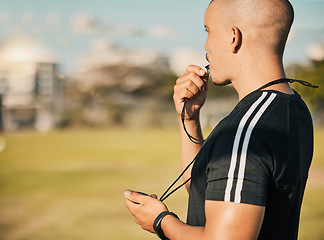 Image showing Coach, whistle and sport training with stopwatch, exercise and time athlete on field or pitch in summer. Expert, coaching and professional sports with mockup, manager, strategy or management of team