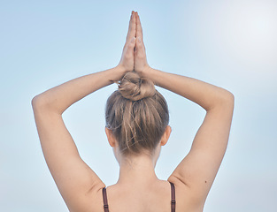 Image showing Woman, yoga prayer and hands on head for zen meditation exercise, breathing concentration and soul wellness focus workout. Spiritual health, Buddhist faith healing and stretching mindfulness training