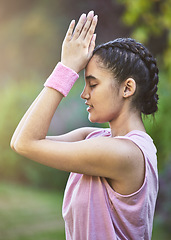 Image showing Meditation, yoga and fitness with a woman athlete training for wellness or inner peace outdoor. Health, exercise and zen with a female yogi meditating outside in nature for spiritual balance