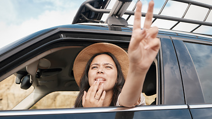 Image showing Travel, car and woman with peace hand sign, adventure and transportation for fun vacation and road trip with view. Young female, summer holiday and wait in automobile, journey and traveling.