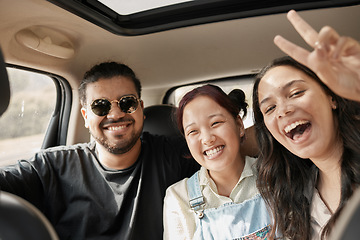 Image showing Travel, road trip and car with people or friends portrait excited for journey, holiday or vacation together. Gen z group of people with peace sign driving for safety, transportation and adventure