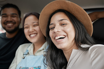 Image showing Happy, selfie and portrait of friends in a car driving to vacation destination or summer road trip. Happiness, freedom and people taking a picture in vehicle while on a holiday adventure or journey.