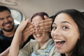 Image showing Car, travel and friends selfie by happy, smile and fun people joke, playful and silly on a road trip. Face, portrait and family traveling, taking picture and being crazy while on a journey together