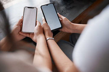 Image showing Mockup screen, advertising and friends marketing a mobile app, communication and internet connection on a phone. Technology, social media and people with their mobile for conversation and space