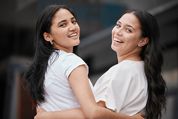 Image showing Friends, hug and girl teen outdoor happy about love, support and care bonding together. Portrait of a woman, teenager and friendship with a smile relax with youth happiness and gratitude