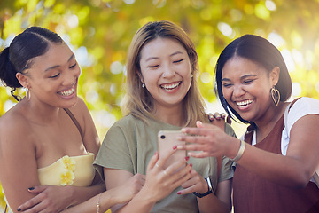 Image showing Smartphone, park and women friends with funny social media update, reading blog or networking for spring outdoor wellness. Happy people in nature using phone for location check, app or online search