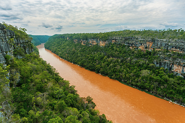 Image showing View point in Tsingy de Bemaraha National Park to river Manambolo. Madagascar wilderness landscape.