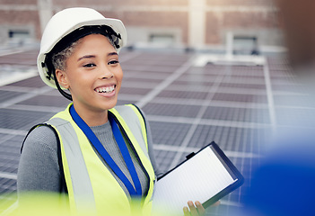 Image showing Solar panel, engineer and woman checklist, mockup and discussing vision for engineering innovation on rooftop. Technician, solar energy and paper planning by woman share goal for renewable energy