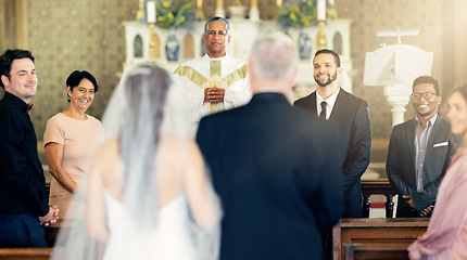 Image showing Wedding, love and bride and father walking the aisle in a church for celebration together. Happy, smile and groom, family and friends waiting for future wife with dad during event for marriage