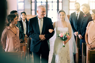 Image showing Love, wedding and church bride with father walking in aisle for ceremony with friends, family and parents. Happy, daughter and dad at Christian marriage, commitment and celebration with smile.