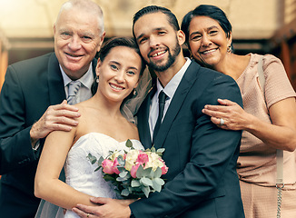 Image showing Bride, groom and family portrait hug for wedding celebration, generations or marriage at the church. Married man and woman with happy family smile for commitment, trust or love and support together