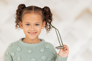 Image showing Glasses, portrait and child happy with her vision health, eye care and medical insurance for kids optometry discount, sale or promotion. Kid smile for frame choice and eyes service in a store mock up