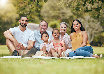 Image showing Big family, picnic and outdoor at nature park or garden with children, parents and grandparents together in happiness and love. Summer vacation with women, men and kids with a smile, support and care