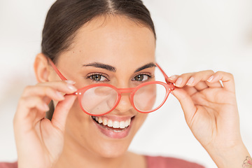 Image showing Happy woman, portrait and glasses frame, vision and eyes, healthcare service or medical eye exam, consultation or clinic test. Portrait of happy customer face, prescription lenses and eye care choice