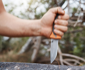 Image showing Man, hand and knife in nature forest, sustainability woods and countryside environment for cutting and carving tree bark. Zoom, hiking and camping person with sharp blade, metal weapon or steel tools