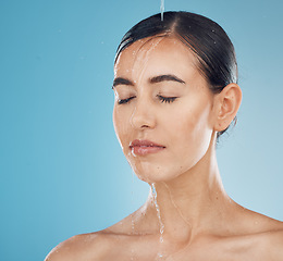 Image showing Water splash, woman face and beauty of a model in shower relax about skin wellness, health and care. Cosmetic, clean and healthy body skincare of a young person calm after luxury spa treatment