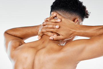 Image showing Neck pain, injury and hands of man in studio for spine, bone or muscle tension against a white background mockup. Hand, Neck and bone pain by by male with sports injury, inflammation and tension