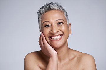 Image showing Botox, face and happy elderly woman for beauty skincare wellness and cosmetics plastic surgery model in studio. Portrait of black woman, skin health and natural dermatology care in grey background