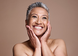 Image showing Skincare, anti aging and portrait of mature woman with smile on her face on studio background. Beauty, botox and collagen, happy middle aged lady from India with health, wellness and natural makeup.