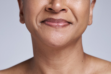 Image showing Face skincare, beauty or senior woman zoom portrait for dermatology cosmetics, wellness or botox marketing in studio. Skin or happy elderly model close up with smile, happiness or plastic surgery