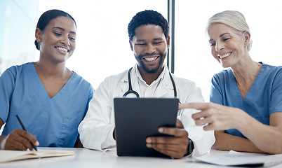 Image showing Doctor, team and tablet in meeting with smile for medical strategy, planning or schedule at the hospital. Healthcare professional employee workers in diversity for insurance discussion on touchscreen