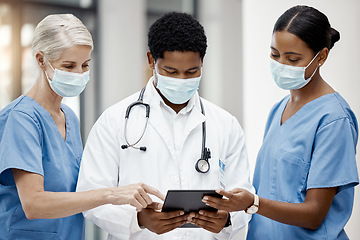 Image showing Doctor, team and tablet planning covid treatment plan with nurse and surgeon team online. Digital tablet, hospital and medical staff collaborate on coronavirus research on the internet for health