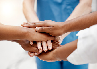 Image showing Hands, team and doctors, health collaboration with diversity in healthcare and teamwork for partnership closeup. Medical group, professional and support with solidarity and community in health care.