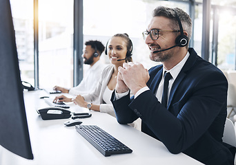 Image showing Call center, man and customer service with contact us, telemarketing advice in crm support office. Computer, headset and male agent consulting for helpline or operator help online in the office