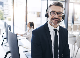 Image showing Communication, leadership and portrait of businessman at call center with vision at telemarketing company. Contact us, customer service and crm, happy ceo manager at customer service help desk office
