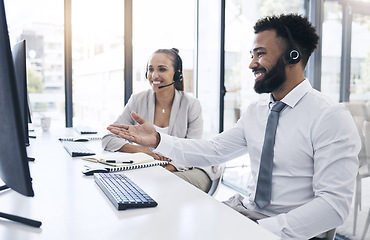 Image showing Black man, crm consultant and customer support service employee training a colleague at work with a smile. Digital call center staff, online telemarketing business and office worker at desk computer