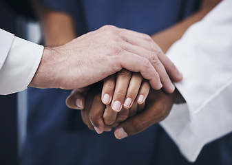 Image showing Support, solidarity and hands stacked of doctors for healthcare, communication and teamwork at a hospital. Community, medicine and clinic employees with a goal, trust and medical cooperation