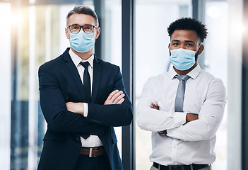 Image showing Covid, face mask and businessman people in office portrait for compliance, company policy and risk management teamwork. Proud, diversity and leadership corporate men for corona virus healthcare rules