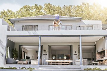 Image showing New home, property sign and real estate building of a happy family with sold poster outdoor. House with modern architecture, woman and child excited and happy about new investment and realtor sale