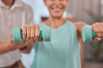 Image showing Woman, hands or dumbbell exercise in physiotherapy, muscle rehabilitation or healthcare wellness for accident or sports injurty recovery. Zoom, physiotherapist or man helping patient in weightlifting