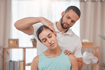 Image showing Physiotherapy, neck injury and woman in a consultation room with physiotherapist man for spine, back and bone assessment. Neck pain, girl and doctor in an exam for posture, joint and muscle problem