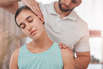 Image showing Physiotherapy, neck pain and stretching with woman and doctor for healthcare, chiropractic or consulting. Massage, wellness or medical with man and patient exam for rehabilitation, healing or therapy