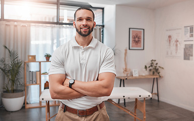 Image showing Physiotherapy, portrait and proud man with vision for wellness, goal and motivation in consultation room. Luxury, leader and spa owner excited about his career startup, focused on zen and relaxation