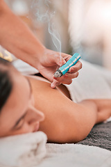 Image showing Spa, wellness and luxury meditation for woman on massage bed. Zen, healthy skincare and smoke therapy for mindfulness, beauty and balance chakra energy or relax, calm and mental or skin healthcare