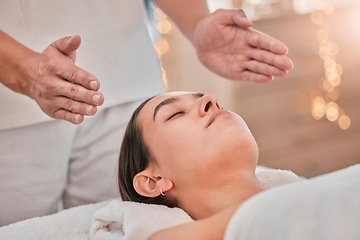Image showing Spa, massage and reiki with head of woman for energy, chakra and spiritual therapy. Health, wellness and holistic healing with hands of therapist in salon for luxury, relax and alternative medicine