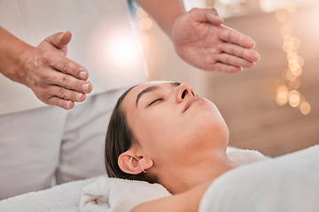 Image showing Woman, hands or relax reiki spa for stress management, headache relief or healthcare wellness in holistic clinic. Energy healer, man or mind chakra peace for sleeping patient and special effects glow